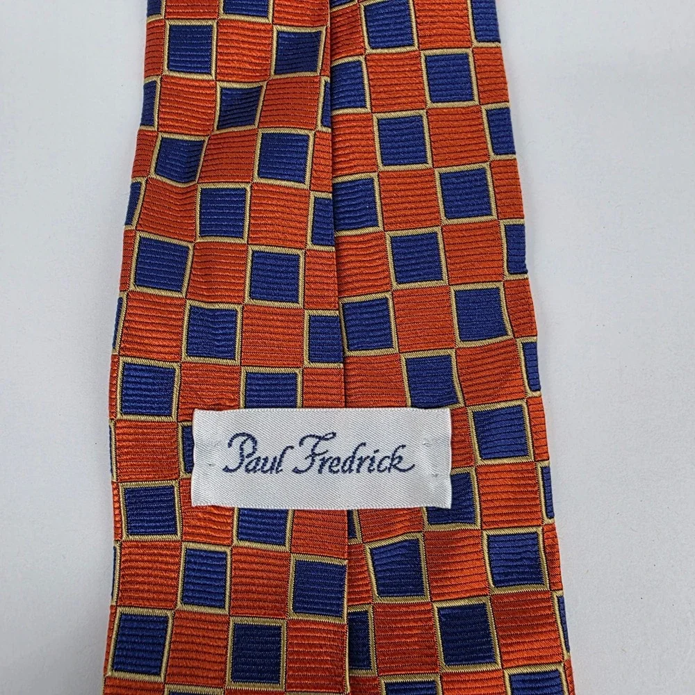 Paul Fredrick‎ Geometric Silk Necktie Mens Orange Blue Check Pattern